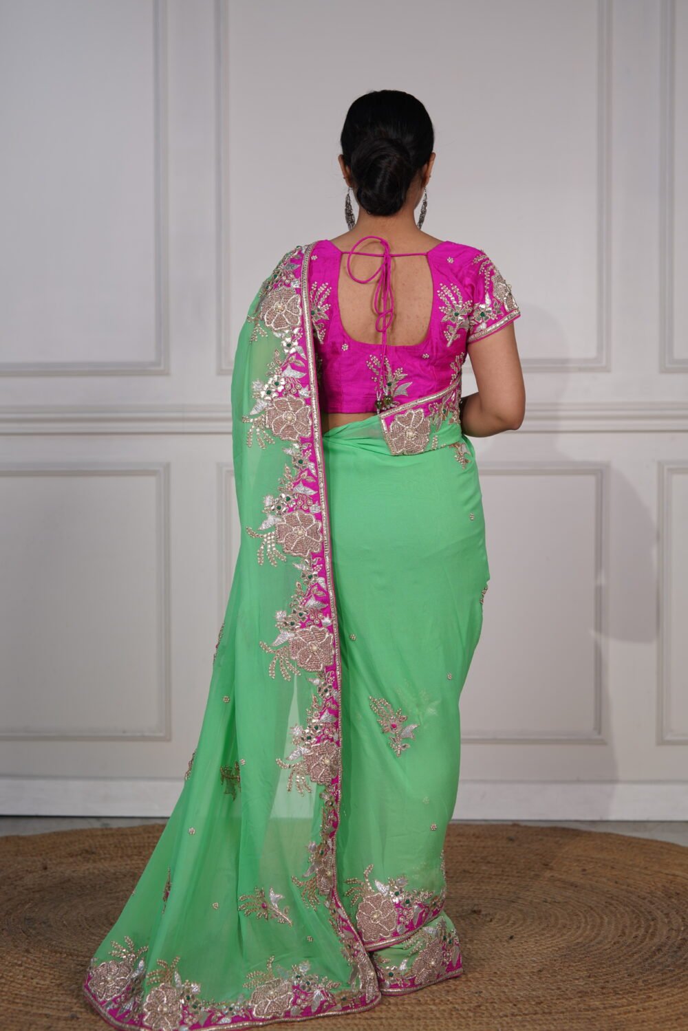 Pista Green Pure Georgette Saree With Handwork And Magenta Pure Silk Blouse - Image 2
