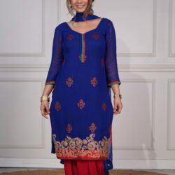 Royal Blue Short Kurta With Handwork And Red Salwar With Pure Chiffon Tie Dye Dupatta