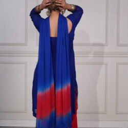 Royal Blue Short Kurta With Handwork And Red Salwar With Pure Chiffon Tie Dye Dupatta - Image 2