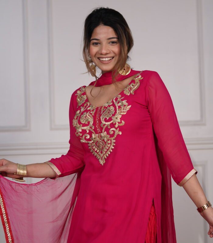 Magenta Short Kurta With Handwork With Red Salwar And Chiffon Dupatta