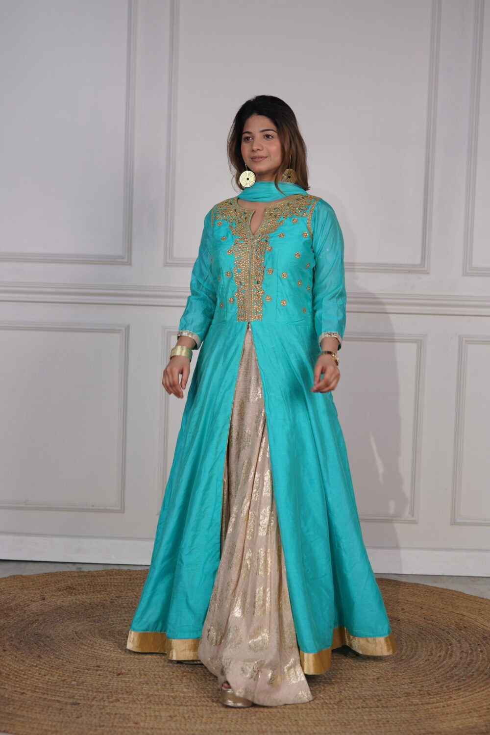 Blue Floor Length Front Slit Anarkali Kurta With Handwork And Beige Thick Cotton Fabric Skirt With Golden Blockprint And Net Dupatta