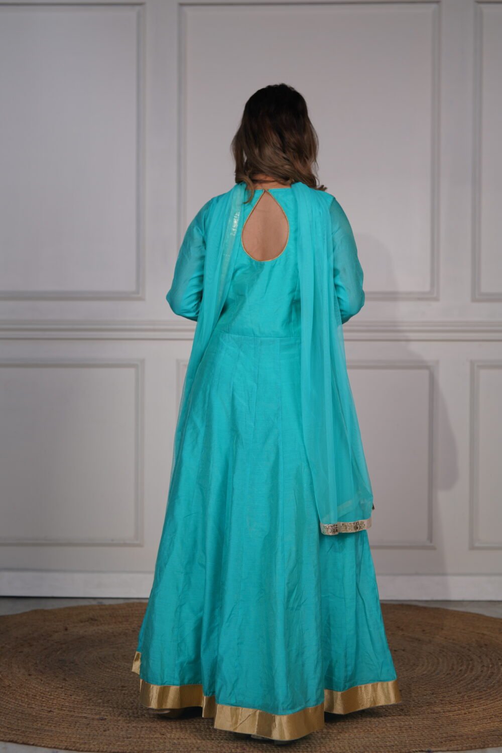 Blue Floor Length Front Slit Anarkali Kurta With Handwork And Beige Thick Cotton Fabric Skirt With Golden Blockprint And Net Dupatta - Image 2