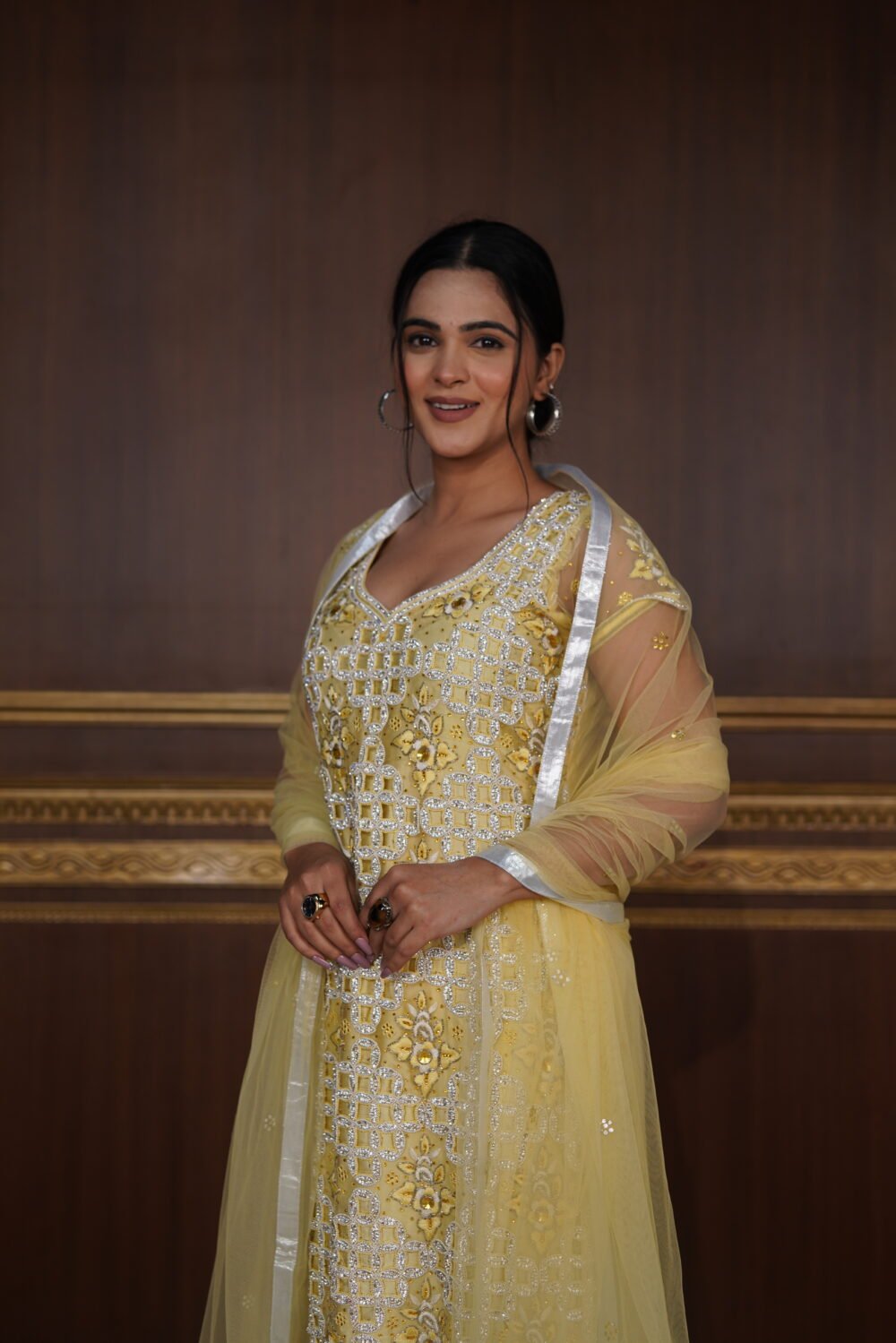 Lemon Shade Hand Cutwork Kurta And Stretchable Net Pajami With Net Dupatta
