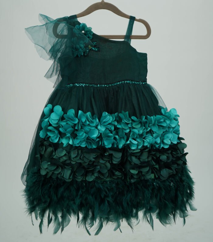 Stylekins Bottle Green Feather Long Dress With One Side Off Shoulder