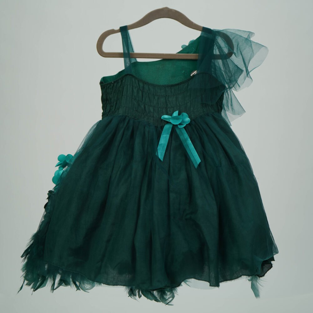 Stylekins Bottle Green Feather Long Dress With One Side Off Shoulder - Image 2