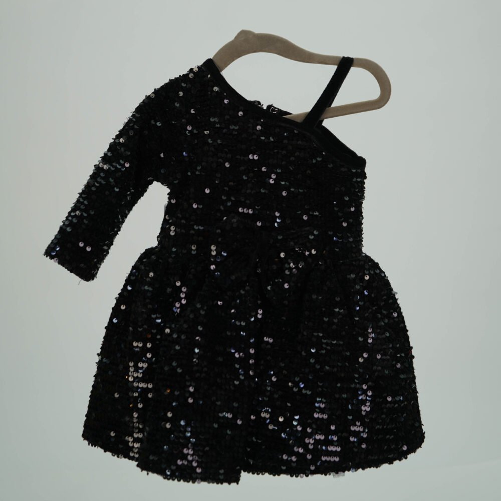 Stylekins Black Velvet Sequin Flare Dress With One Side Off Shoulder