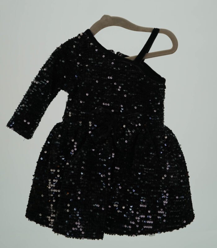 Stylekins Black Velvet Sequin Flare Dress With One Side Off Shoulder