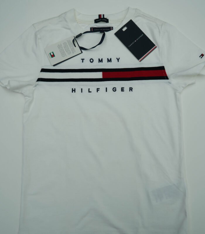 White Tommy Hilfiger Logo Print Cotton Half Sleeves Polo T-Shirt