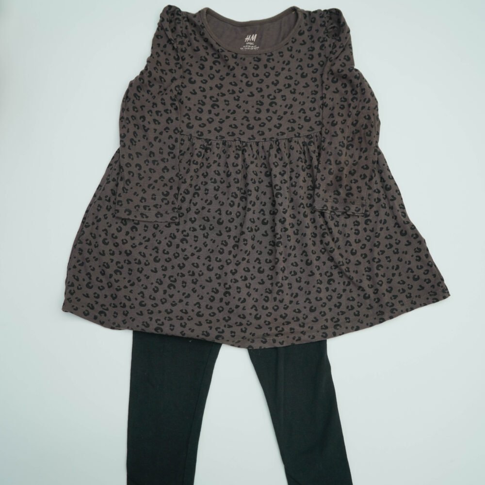 H&M 2 Piece Set Of Brown Print Frock With Black Leggings