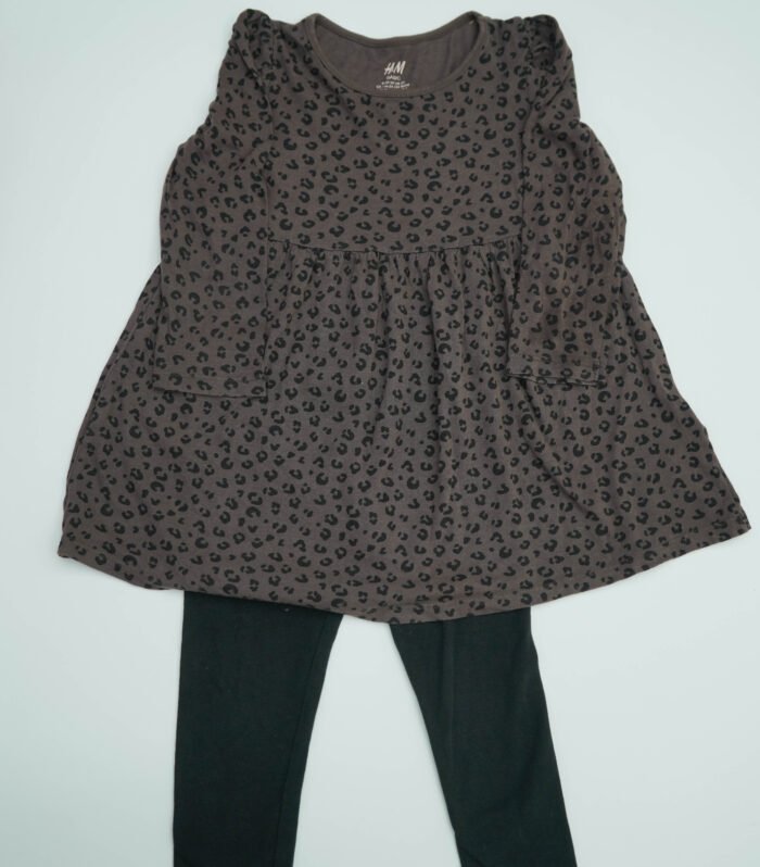 H&M 2 Piece Set Of Brown Print Frock With Black Leggings