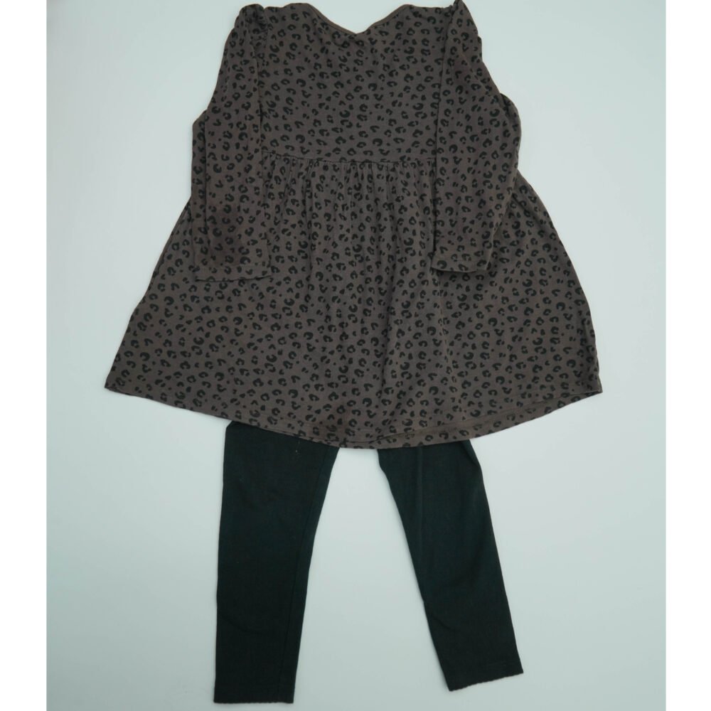 H&M 2 Piece Set Of Brown Print Frock With Black Leggings - Image 2