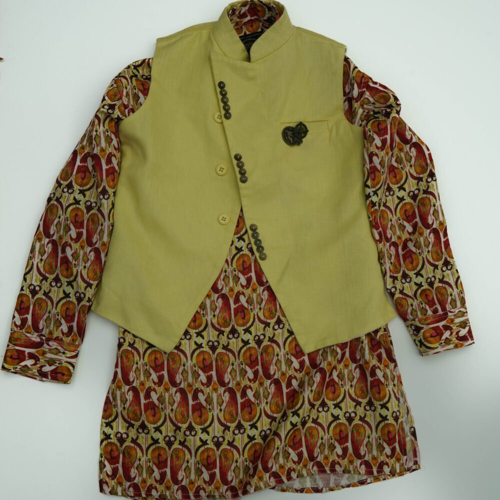 Little Bull Printed Kurta With Yellow Jacket (Can be paired with pajamas/jeans/pants/dhoti)