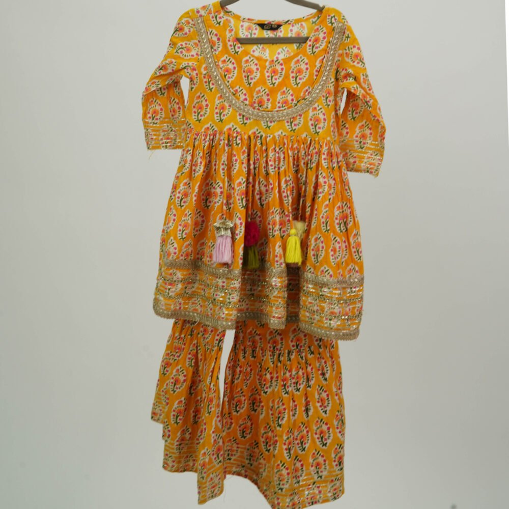 Stylekins 2 Piece Yellow Printed Cotton Sharara Suit