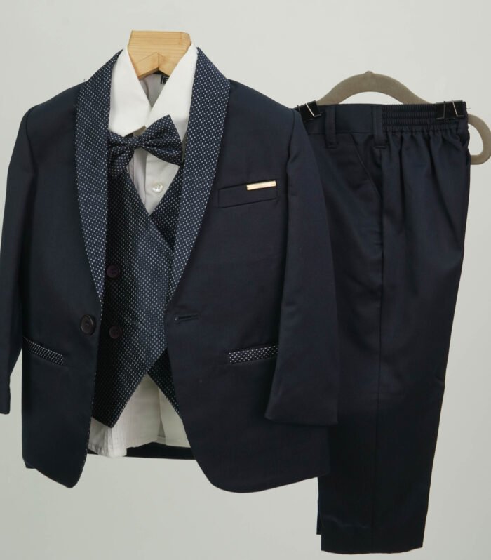 Stylekins Navy Blue Suit Set With Coat, Half Jacket, Trouser, Bow and White Shirt