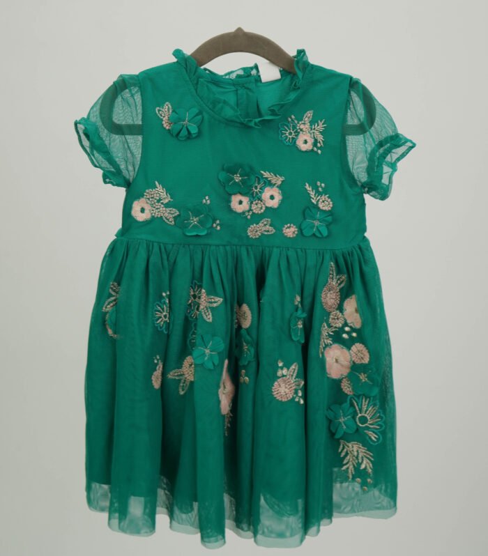 Mini Club Net Green Embellished Fit And Flare Dress