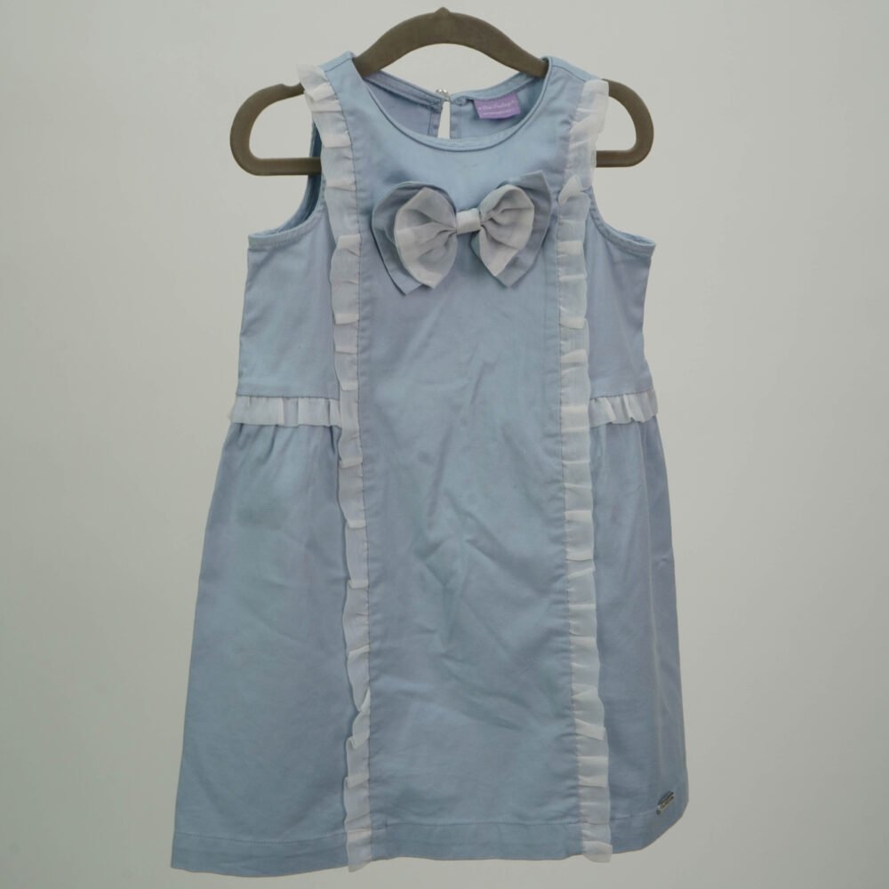 One Friday Cotton Denim Dress With Front Bow And Cut Sleeves