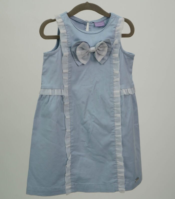 One Friday Cotton Denim Dress With Front Bow And Cut Sleeves