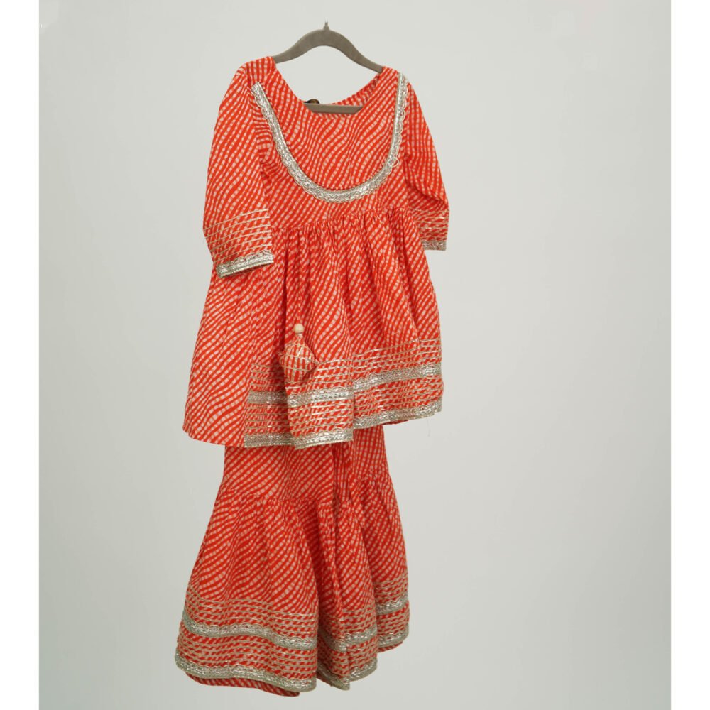 Stylekins 2 Piece Orange Printed With Gotta Work Cotton Sharara Suit