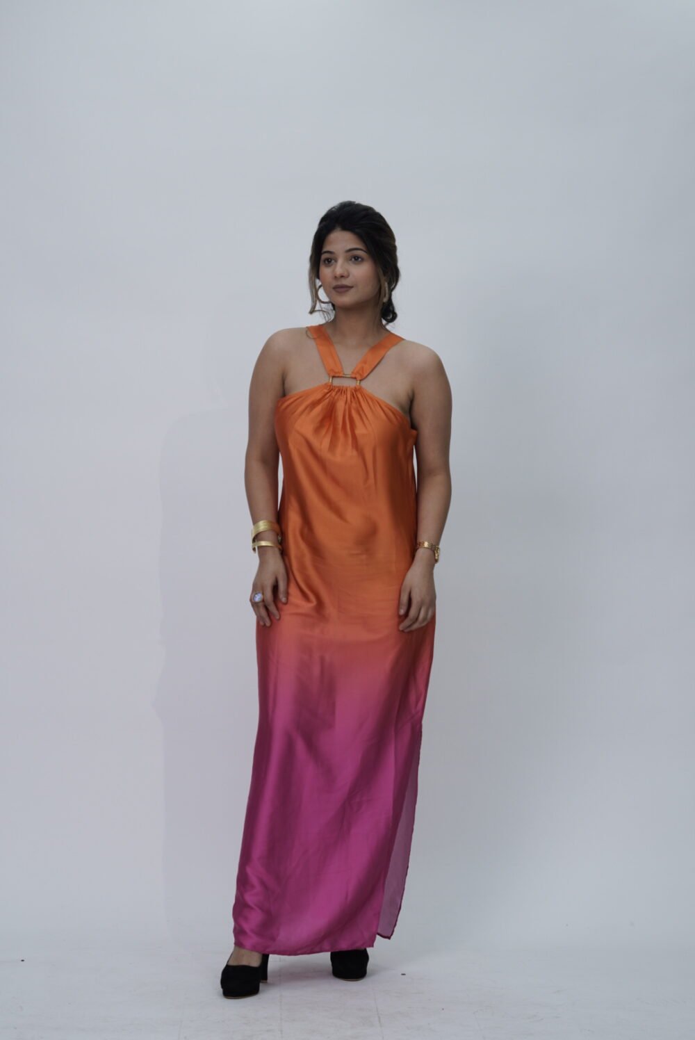 Cover Story Pink And Orange Tie And Dye Satin Long Dress With Side Slit