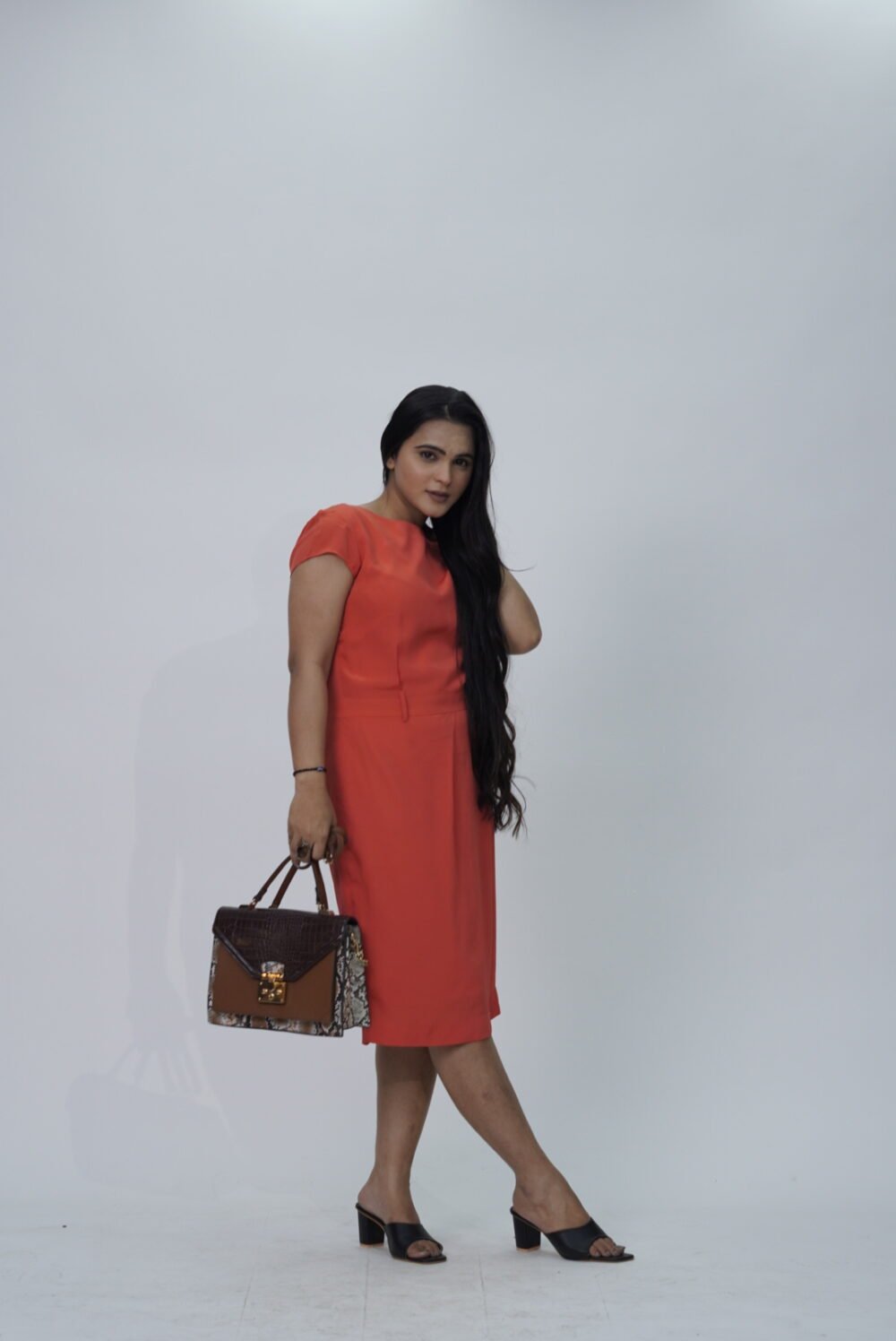 Park Avenue Orange Crepe Midi Dress