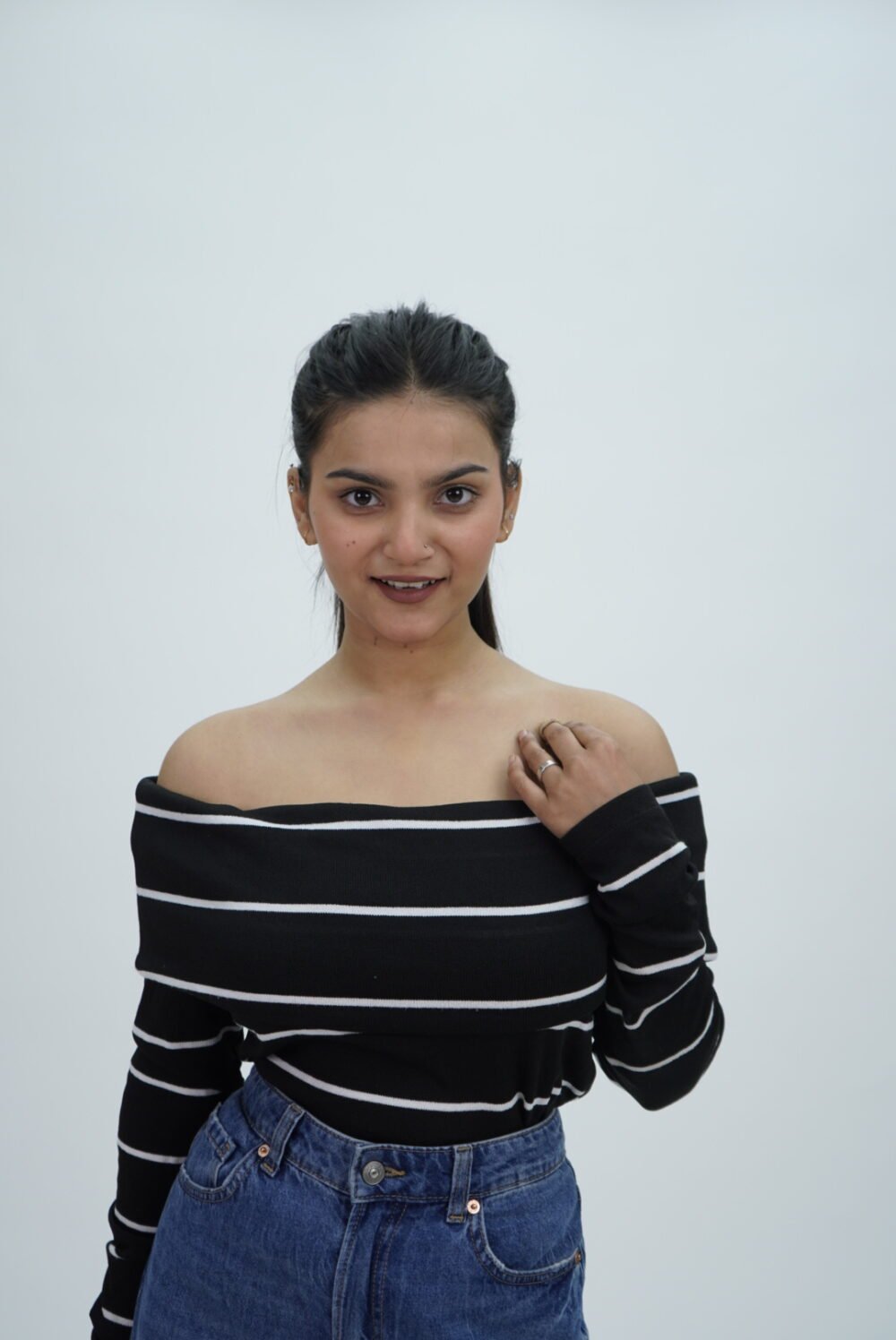 Zara Black With White Stripes Off Shoulder Top