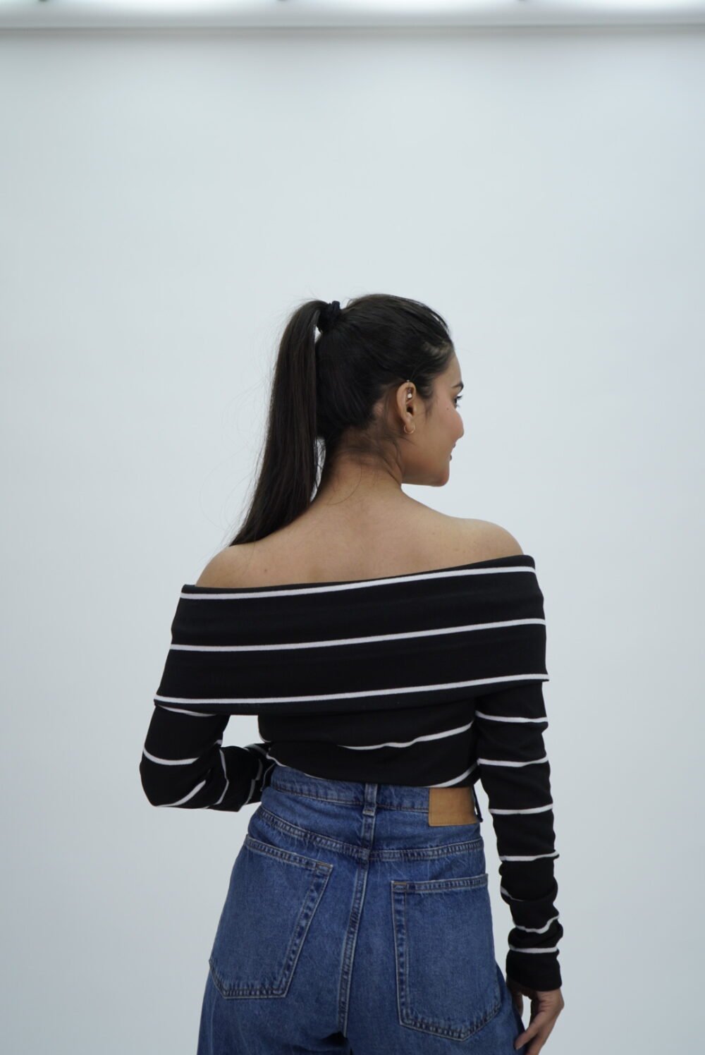 Zara Black With White Stripes Off Shoulder Top - Image 2