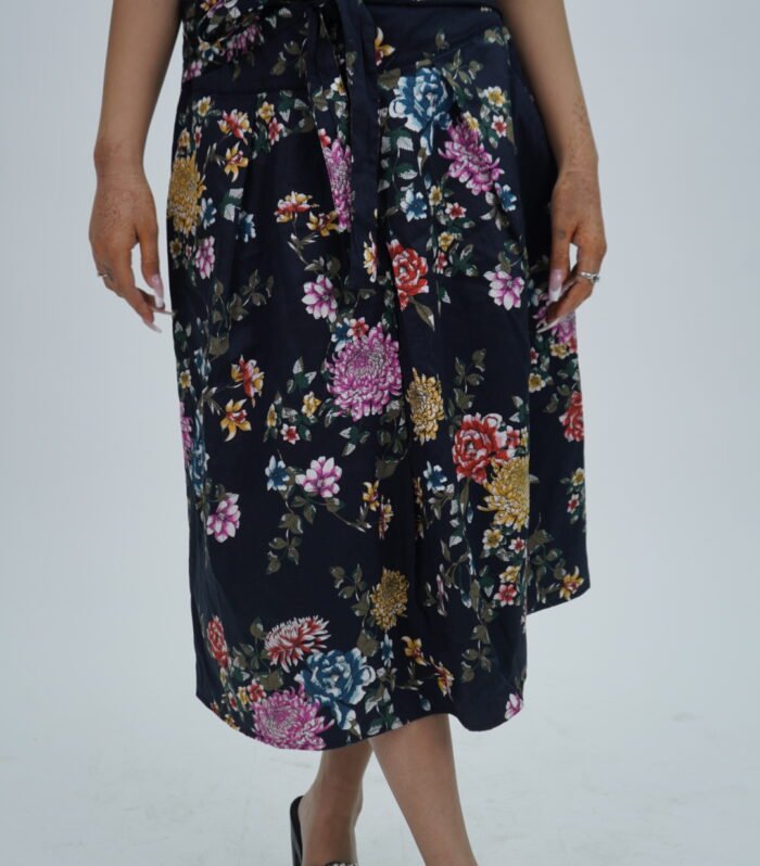Promod Floral Print Black Long Flair Skirt