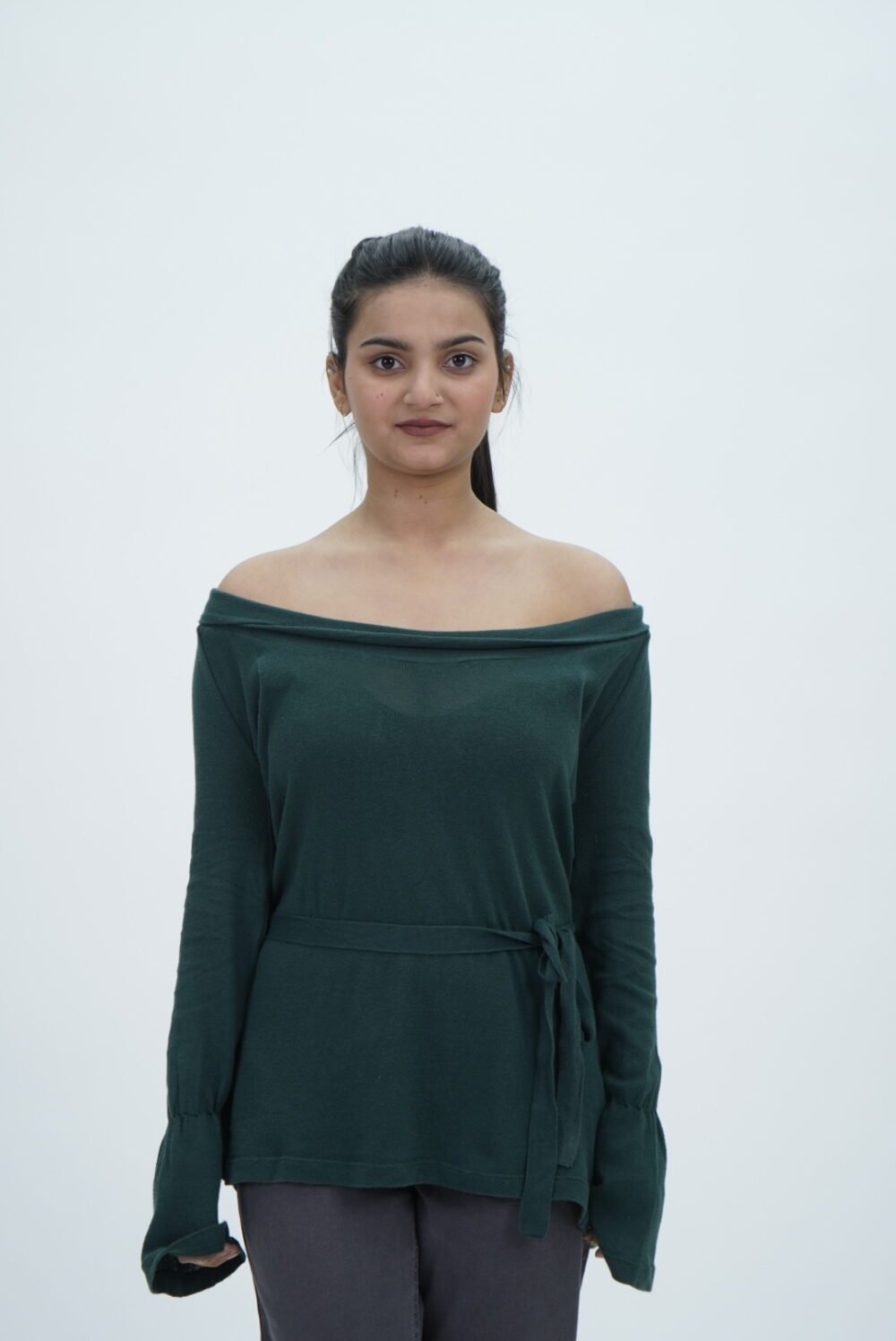 Stile Benetton Bottle Green Boat Neck Sweater With Belt