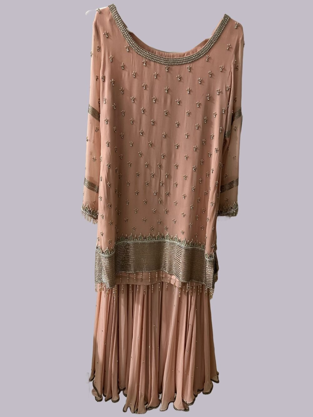 Blush pink embroidered Anarkali suit[Sharara Set] back design