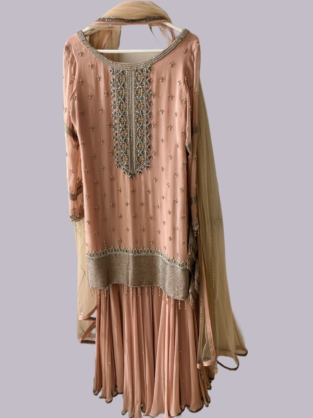 Blush pink designer Anarkali suit [Sharara Set]front view by Amitabh Malhotra