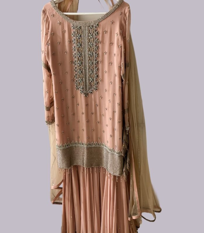 Blush pink designer Anarkali suit [Sharara Set]front view by Amitabh Malhotra