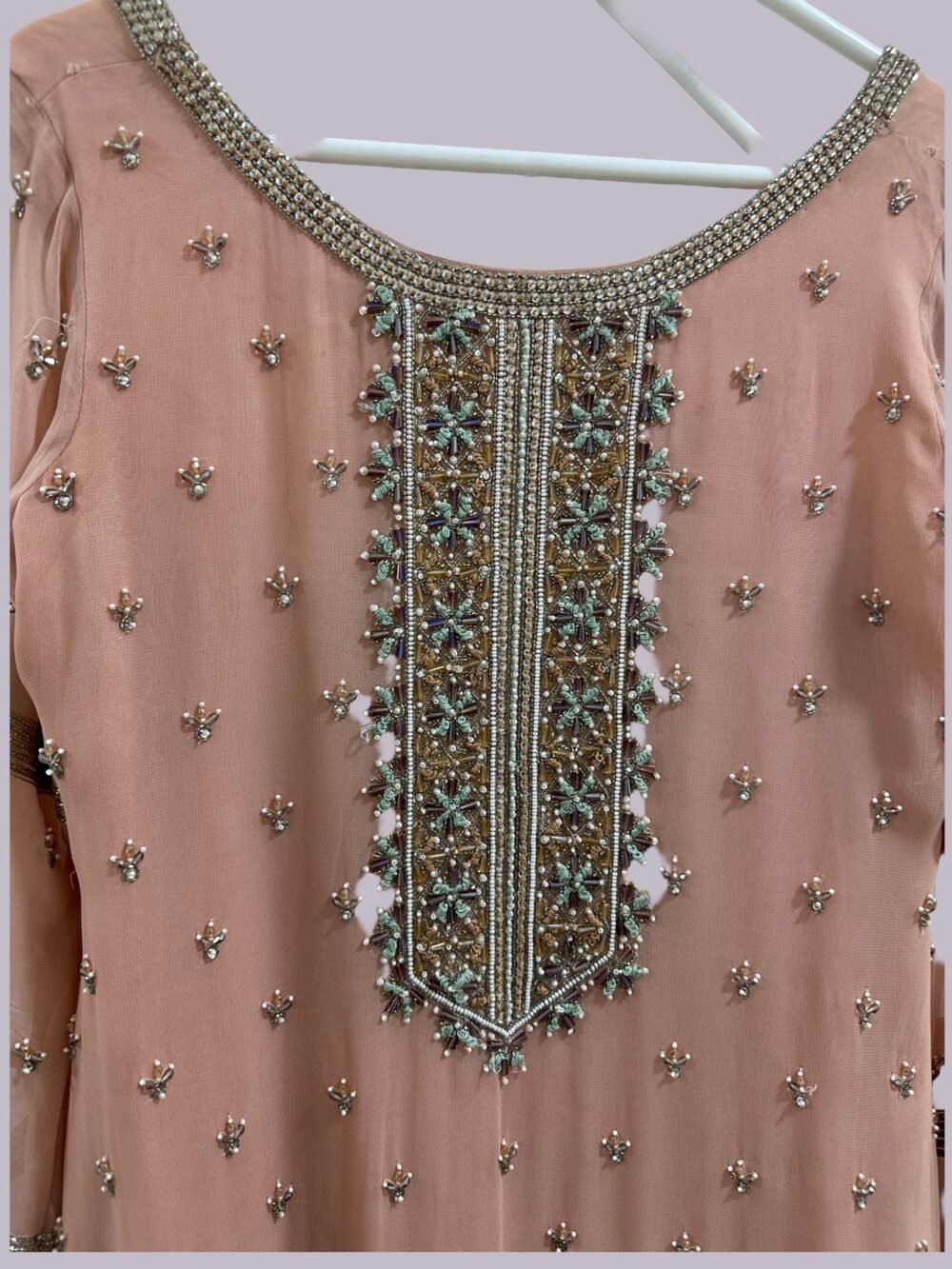Hand embroidery with sequins and beadwork on blush pink Sharara Set