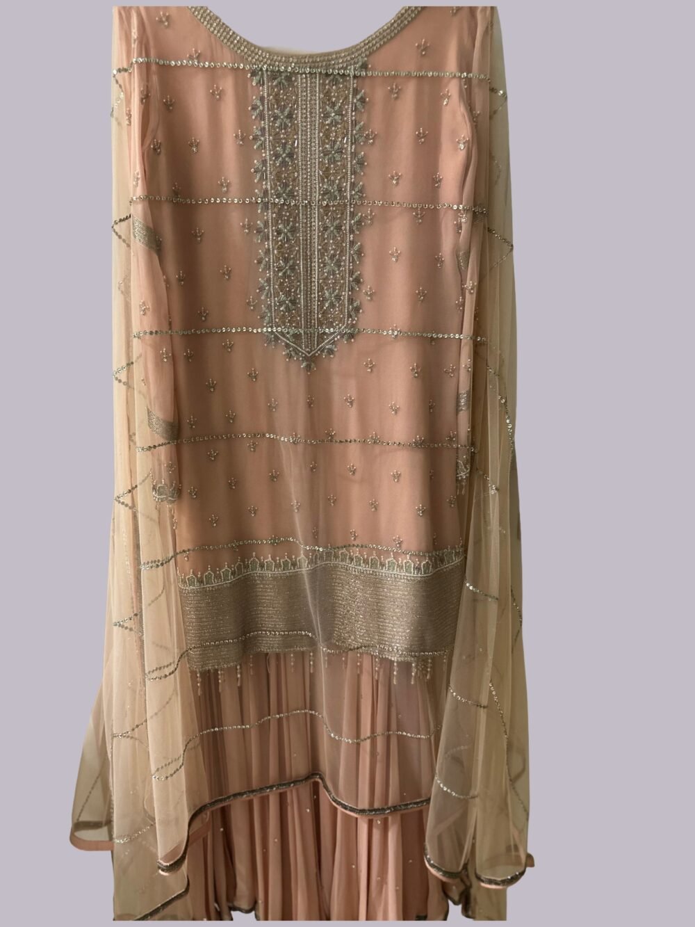 Embroidered dupatta of blush pink designer Anarkali by Amitabh Malhotra