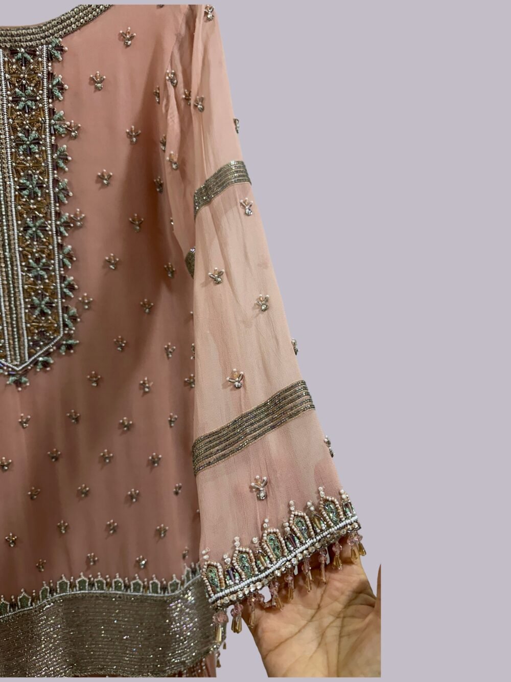 Luxury blush pink Anarkali suit with dupatta side profile