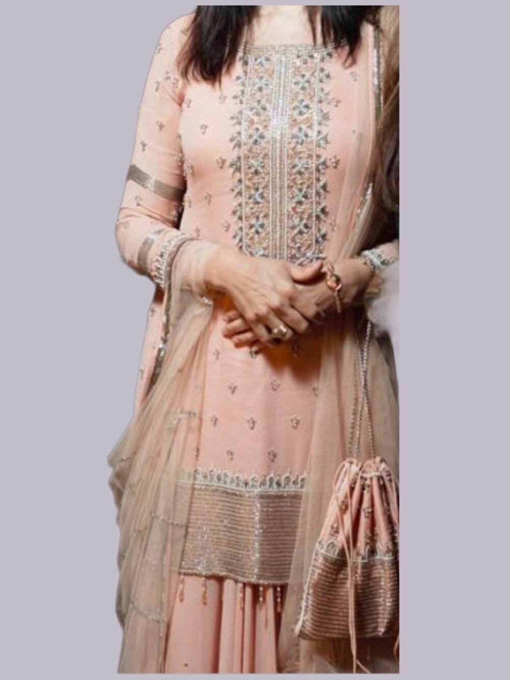 Matching potli bag and preview of the Sharara Set with blush pink embroidered Anarkali set
