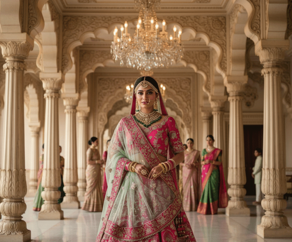 Fuchsia pink bridal lehenga choli with gold embroidery and mint dupatta